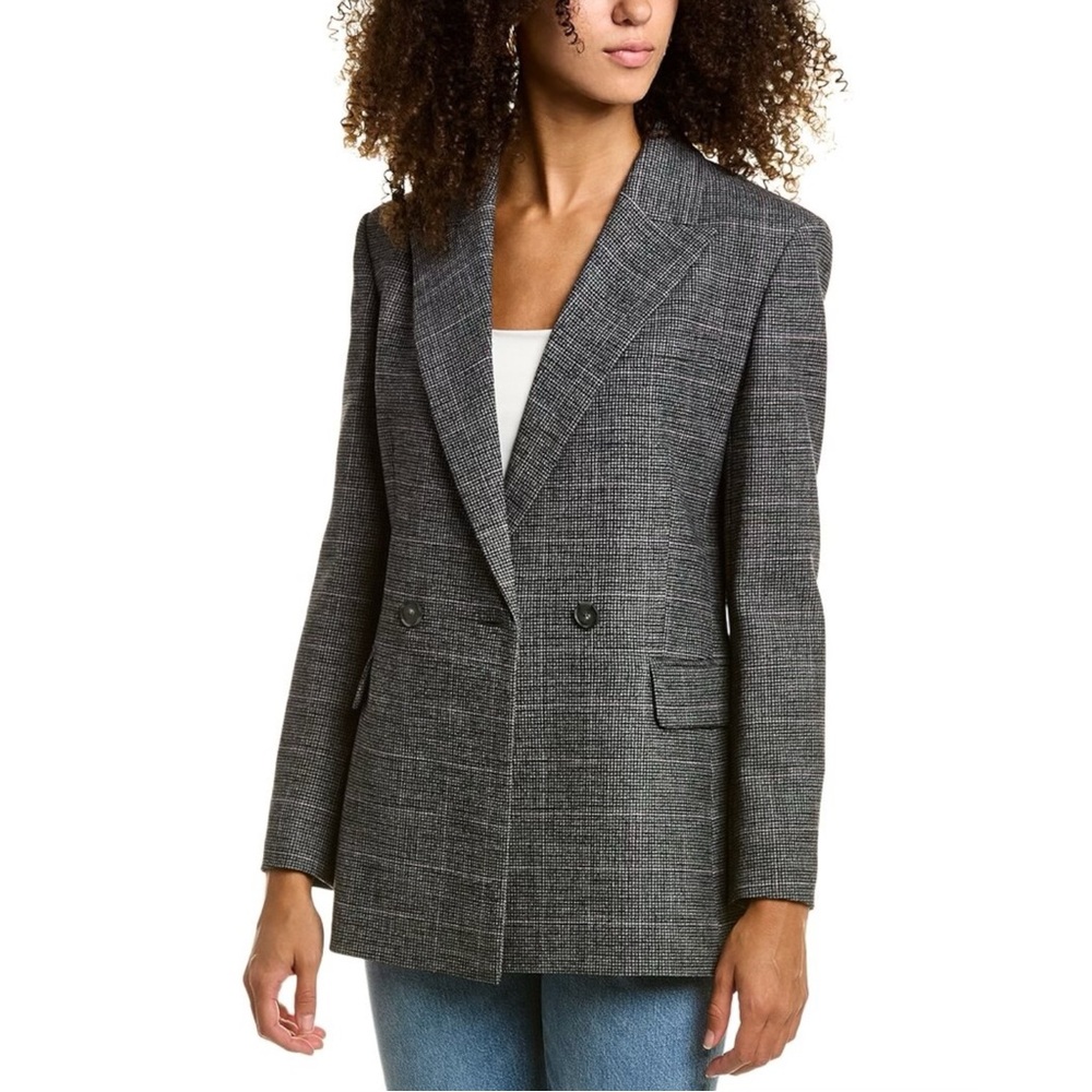 Maje Gray & Subtle Pink Classic Plaid Double Breasted Suit Blazer Jacket